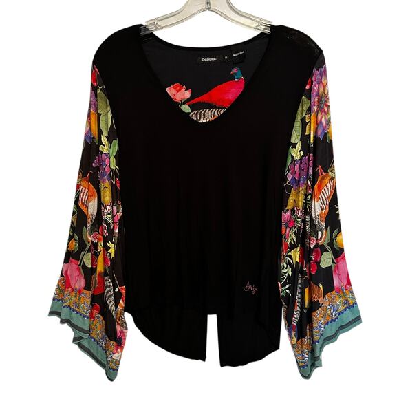 Desigual Eltsa Statement Sleeve Top Womens Medium Black Floral Birds Boho - Picture 2 of 10